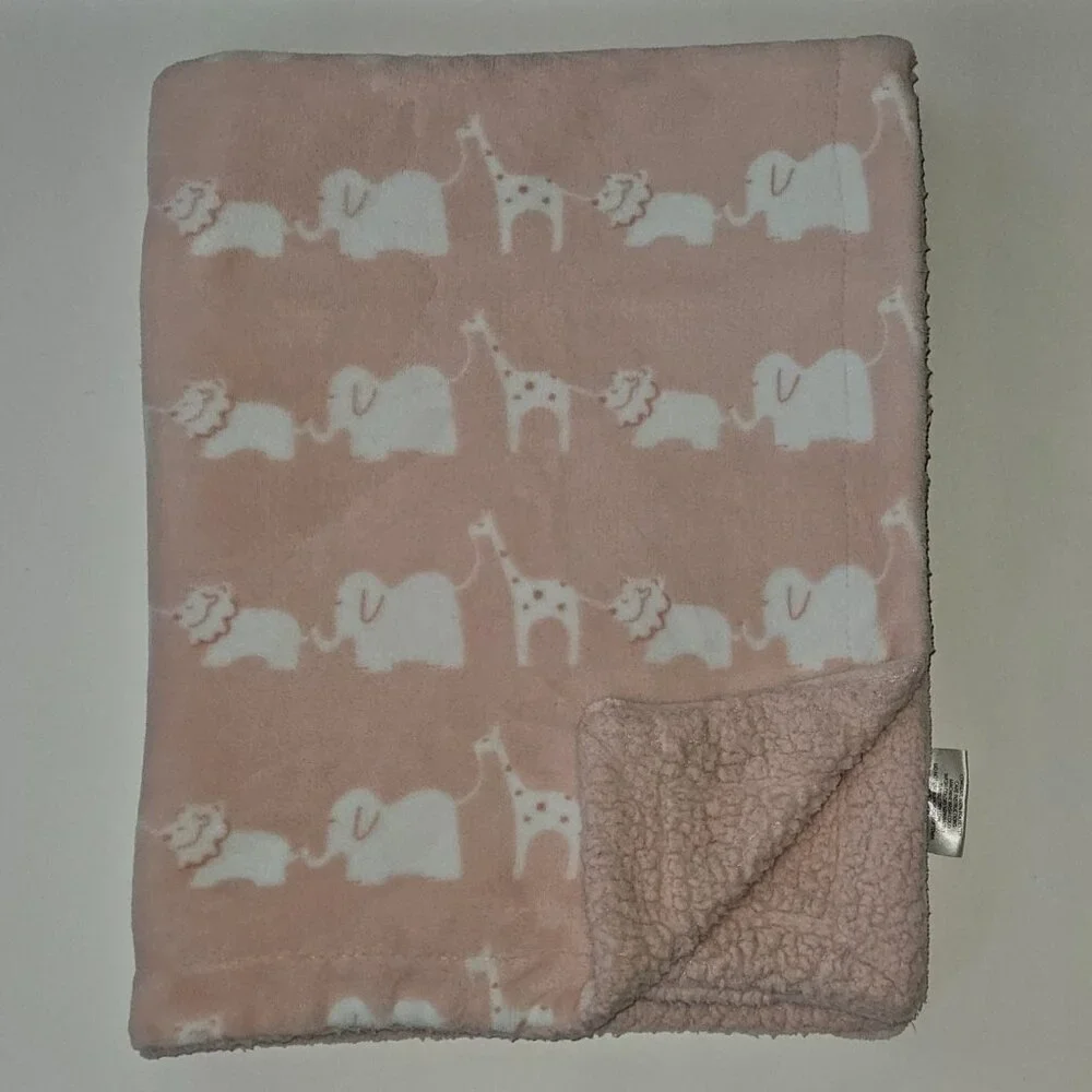 Lullaby Kids Pink White Fleece Baby Blanket Lion Elephant Giraffe Circus Parade